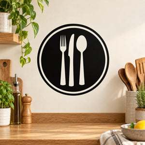 Black circular wall decal with fork, knife, and spoon icons