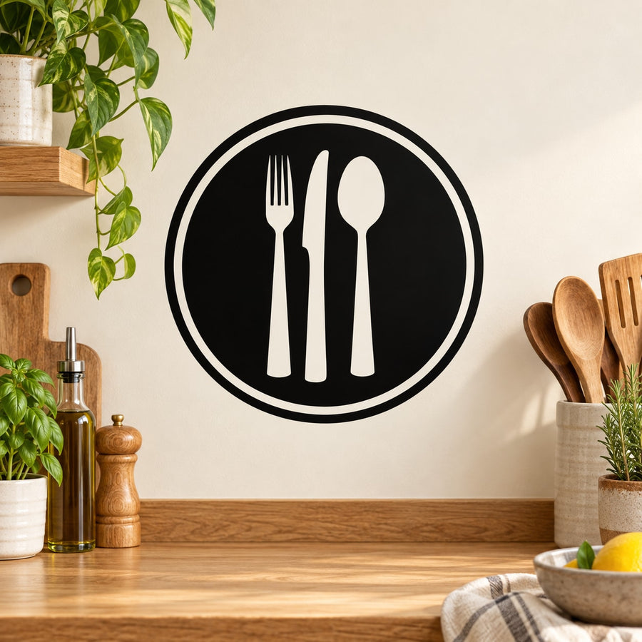 Black circular wall decal with fork, knife, and spoon icons