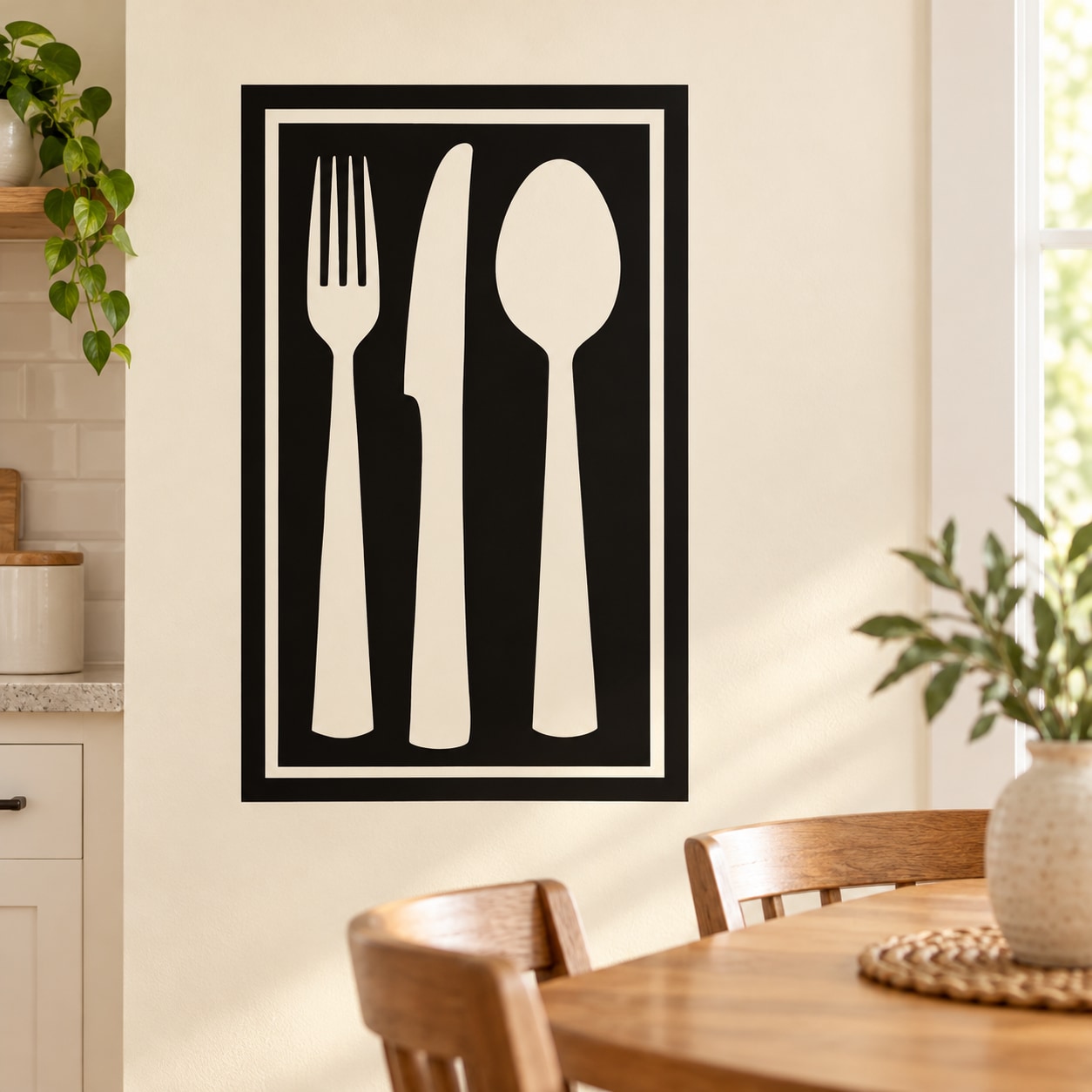 Cutlery napkin decal with knife, fork, and spoon silhouettes in a square frame