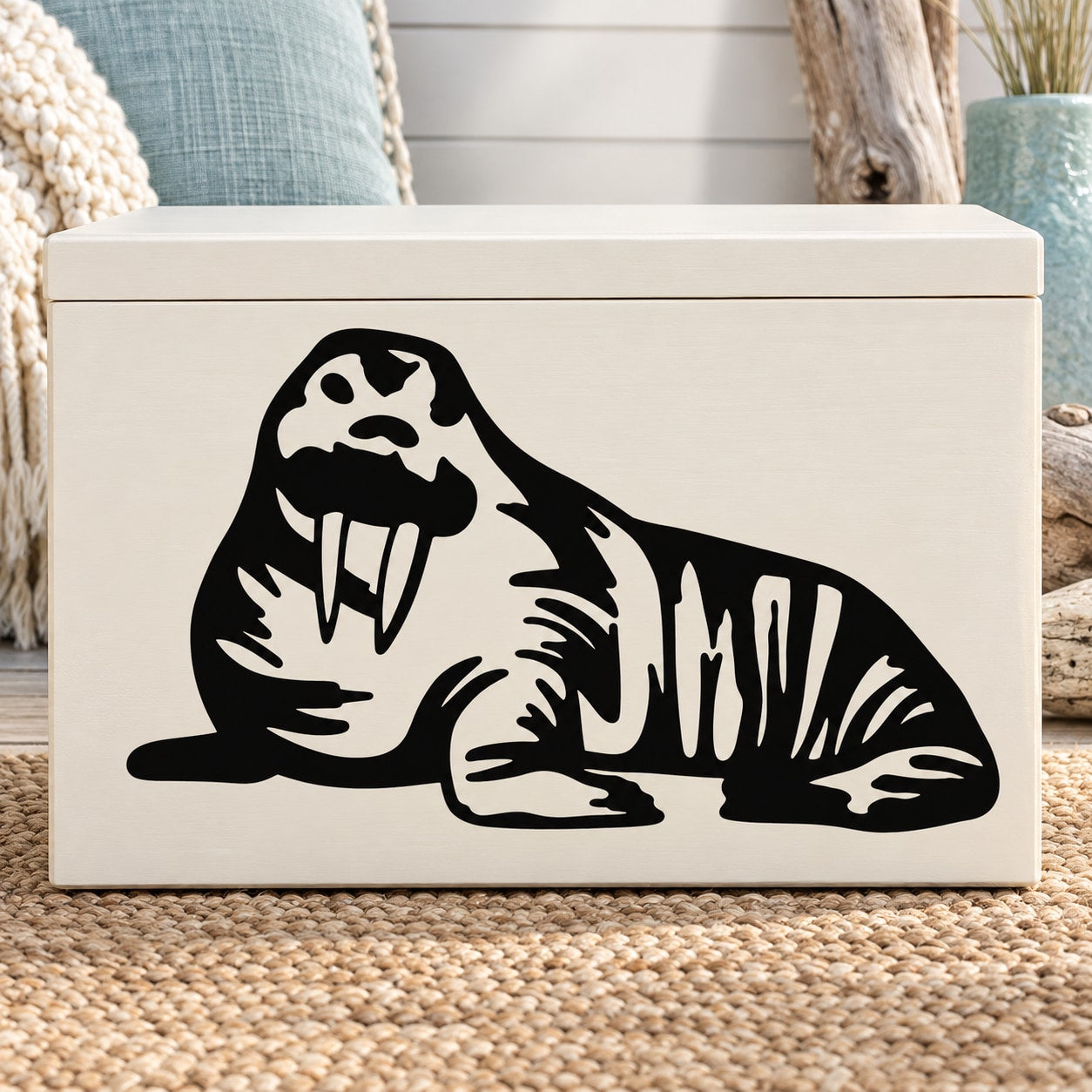 Walrus staring decal featuring a black-and-white walrus face and tusks.