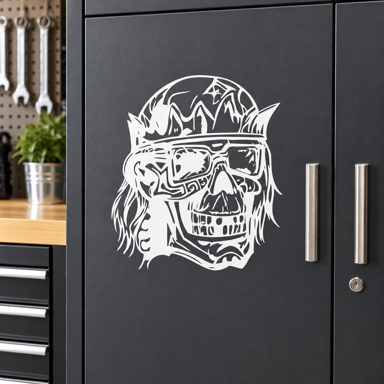 Warrior skull decal: white warrior skull face graphic on dark surface