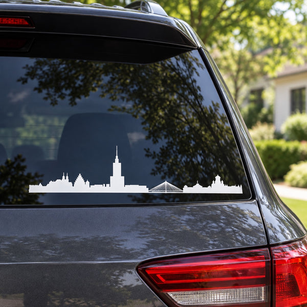 Warsaw skyline window decal in white silhouette with central spire and domed roof