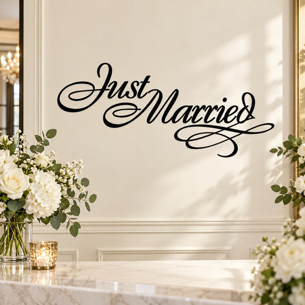 Just Married Swirls Decal — illustrative vinyl decal application mockup. Surrounding objects are not included.