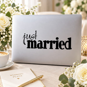 Wedding contrast text decal with 'just married' black lettering on light surface