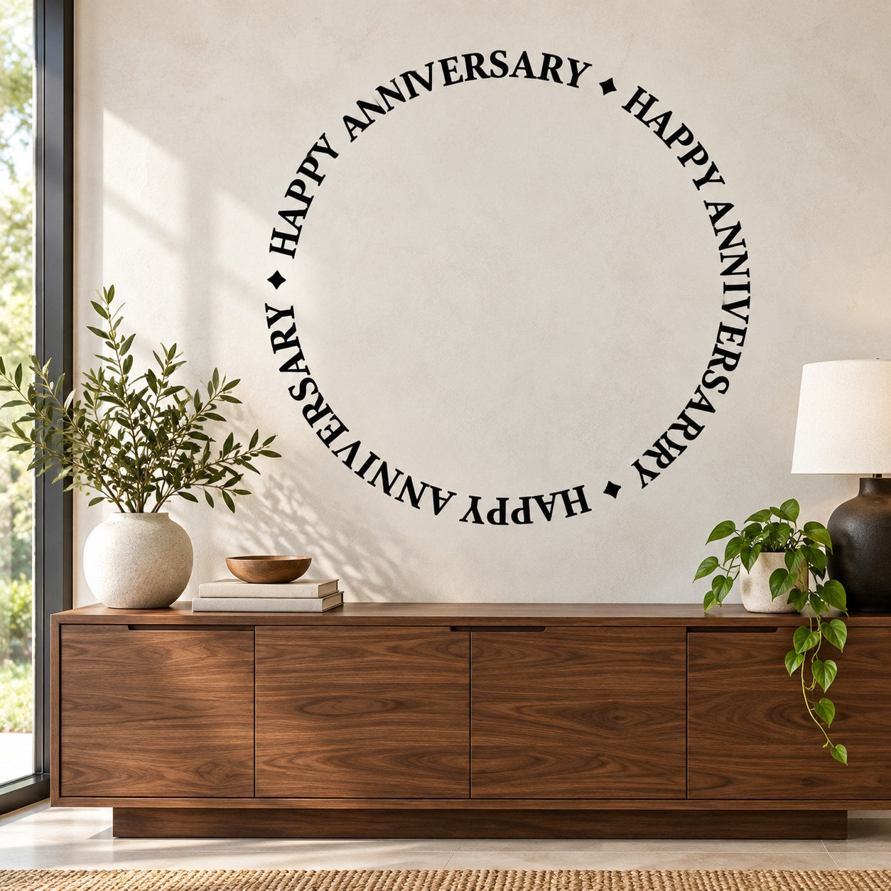 Happy anniversary wall decal with circular black lettering on wall