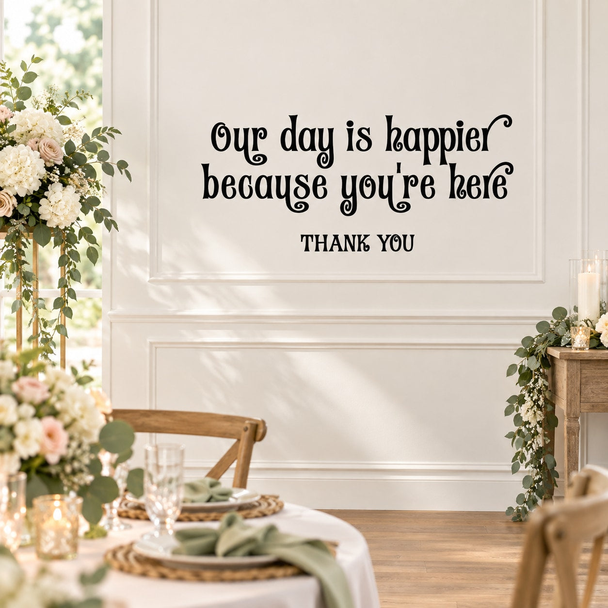 Cursive quote wall decal: “Our day is happier because you’re here.”