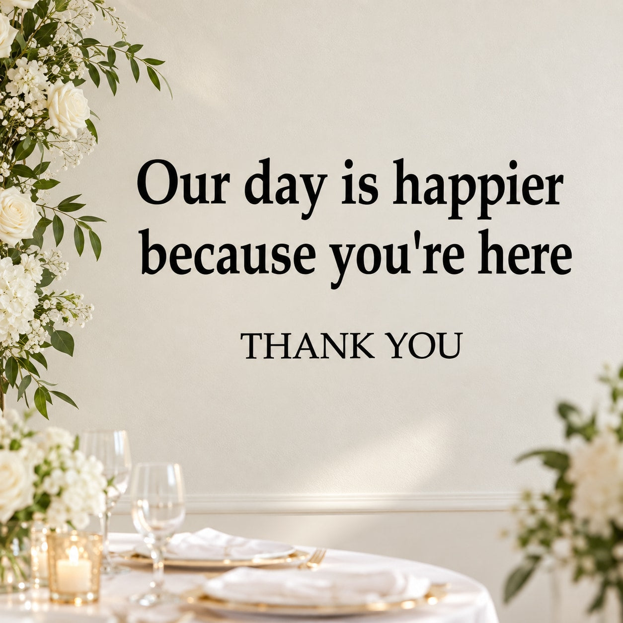 Wall decal text: 'Our day is happier because you're here' and 'THANK YOU'