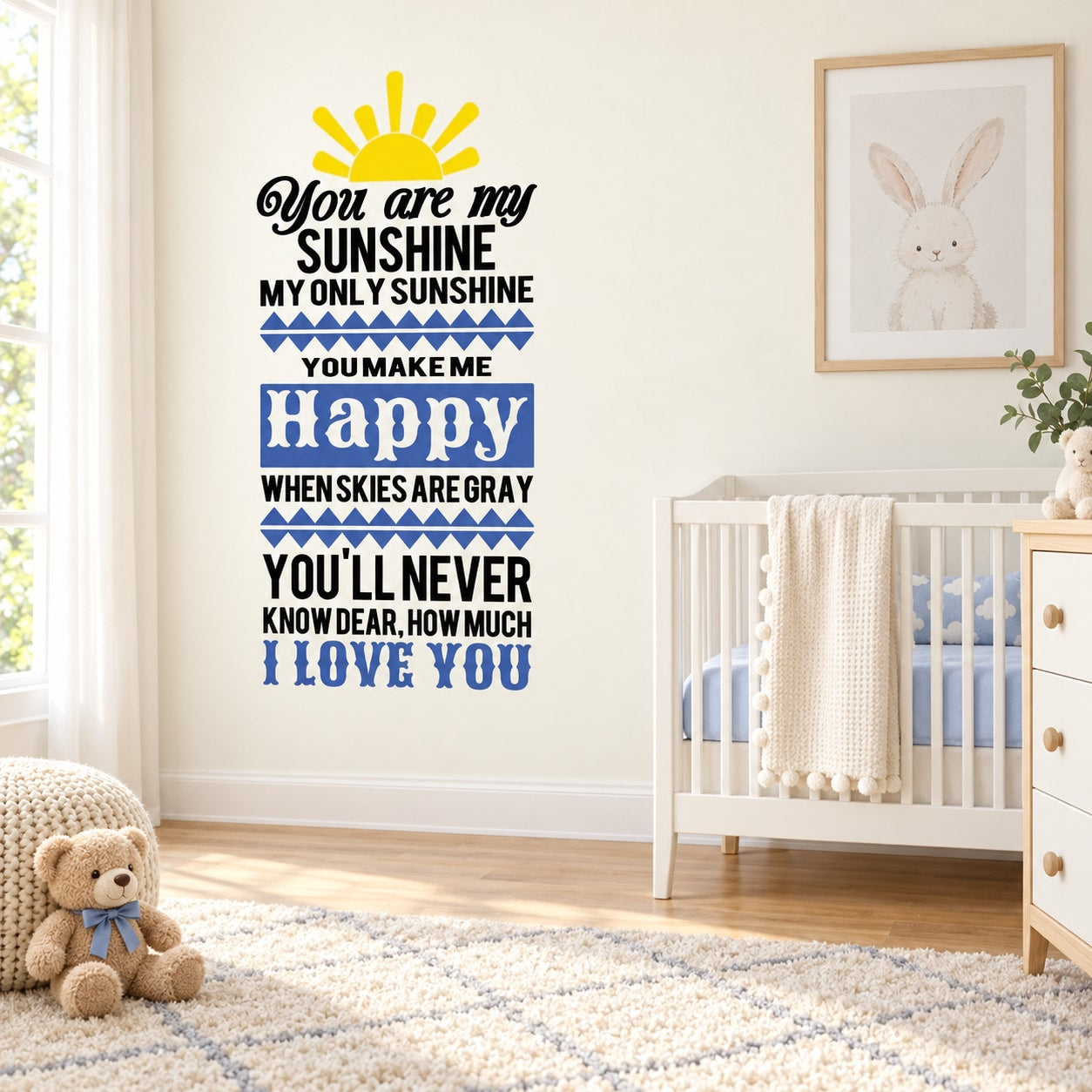 Inspirational wall decal featuring sunshine rays, rabbit, and 'You are my sunshine' text