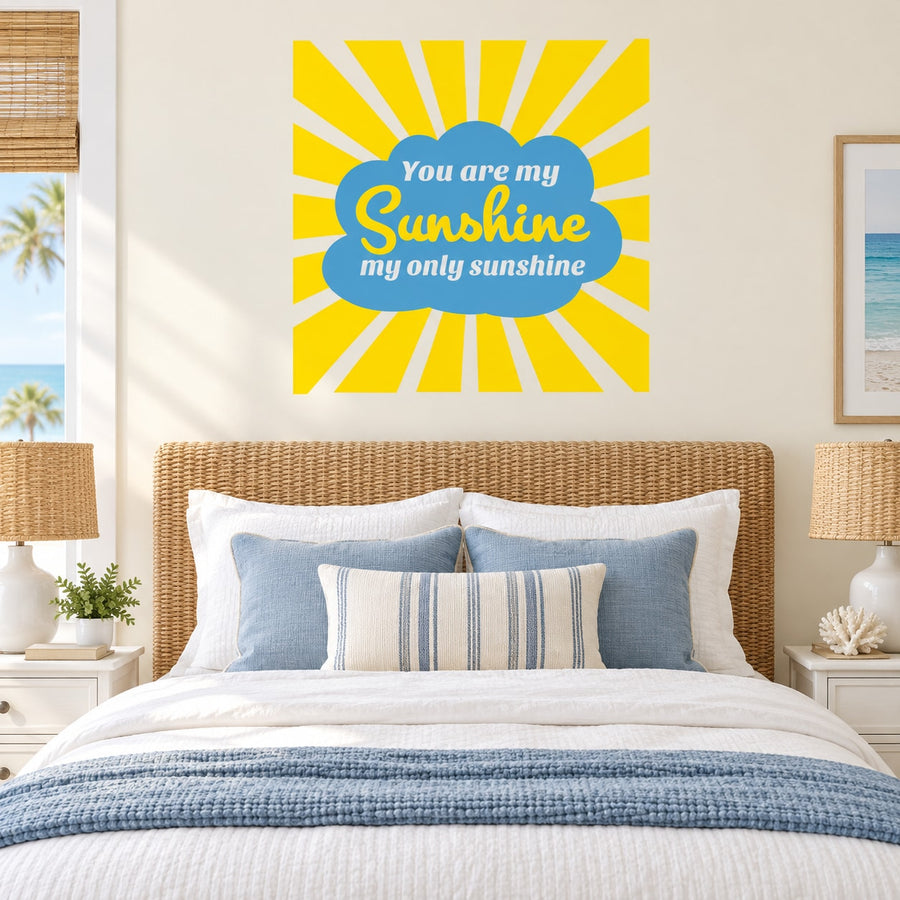 Sunshine wall decal with blue oval and yellow rays, reading 'You're my Sunshine'