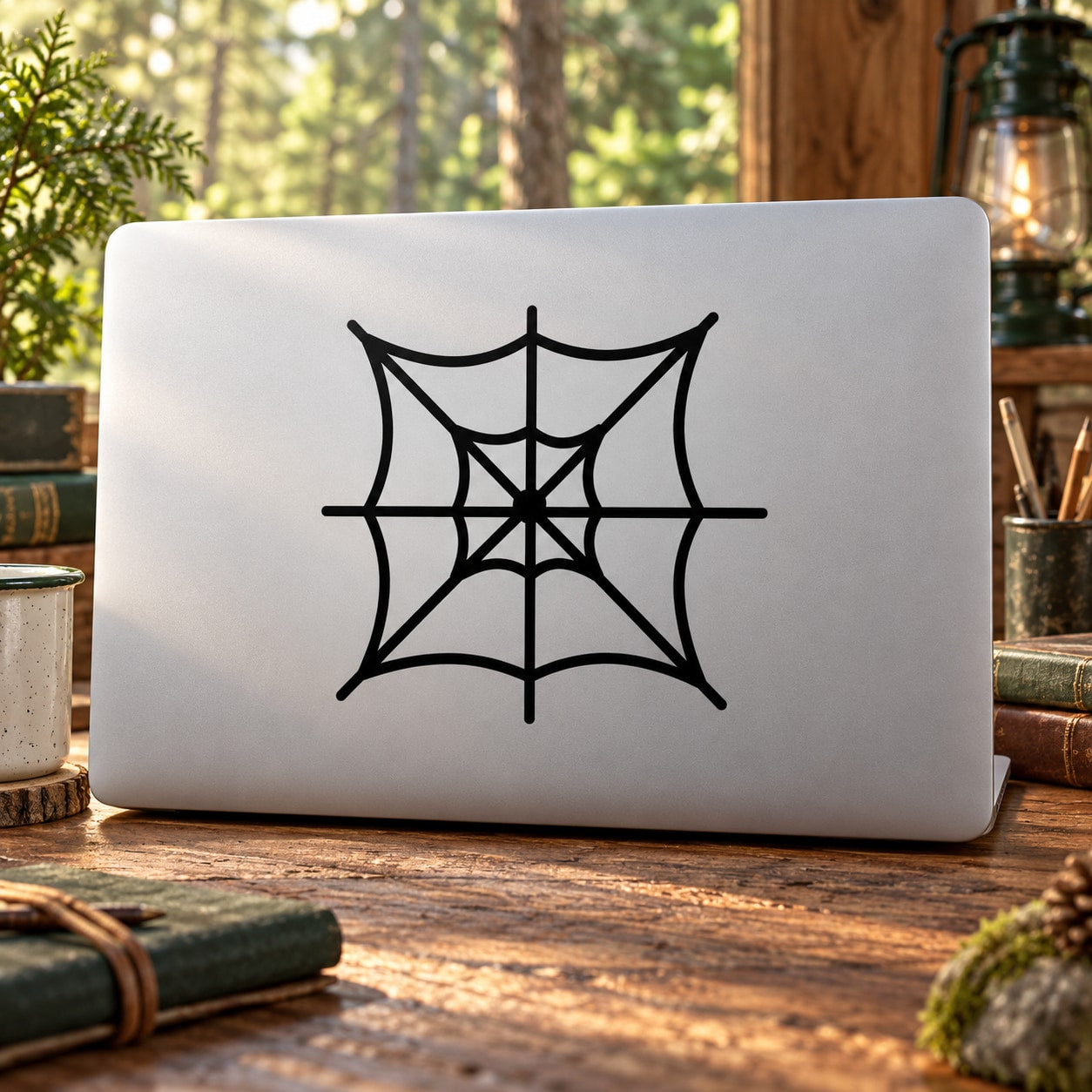Spider web decal featuring a black web pattern inside a box-shaped border