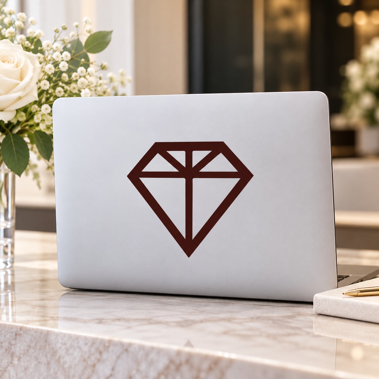 Diamond wedding symbol decal with dark outline on white rectangular backing
