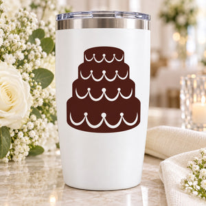 Wedding cake tier decal with brown layered cake icon on white tumbler