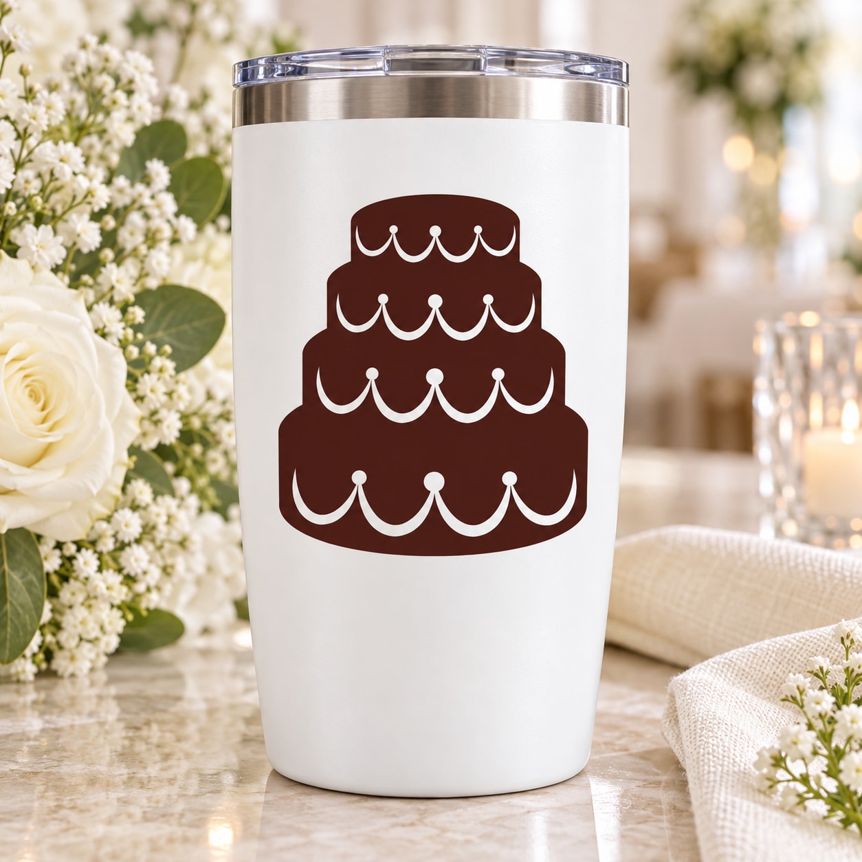 Wedding cake tier decal with brown layered cake icon on white tumbler