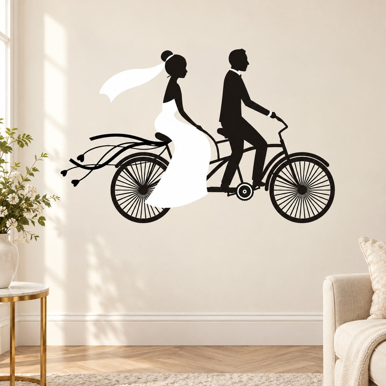 Wedding couple bicycle wall decal, black silhouettes with bride veil and groom riding