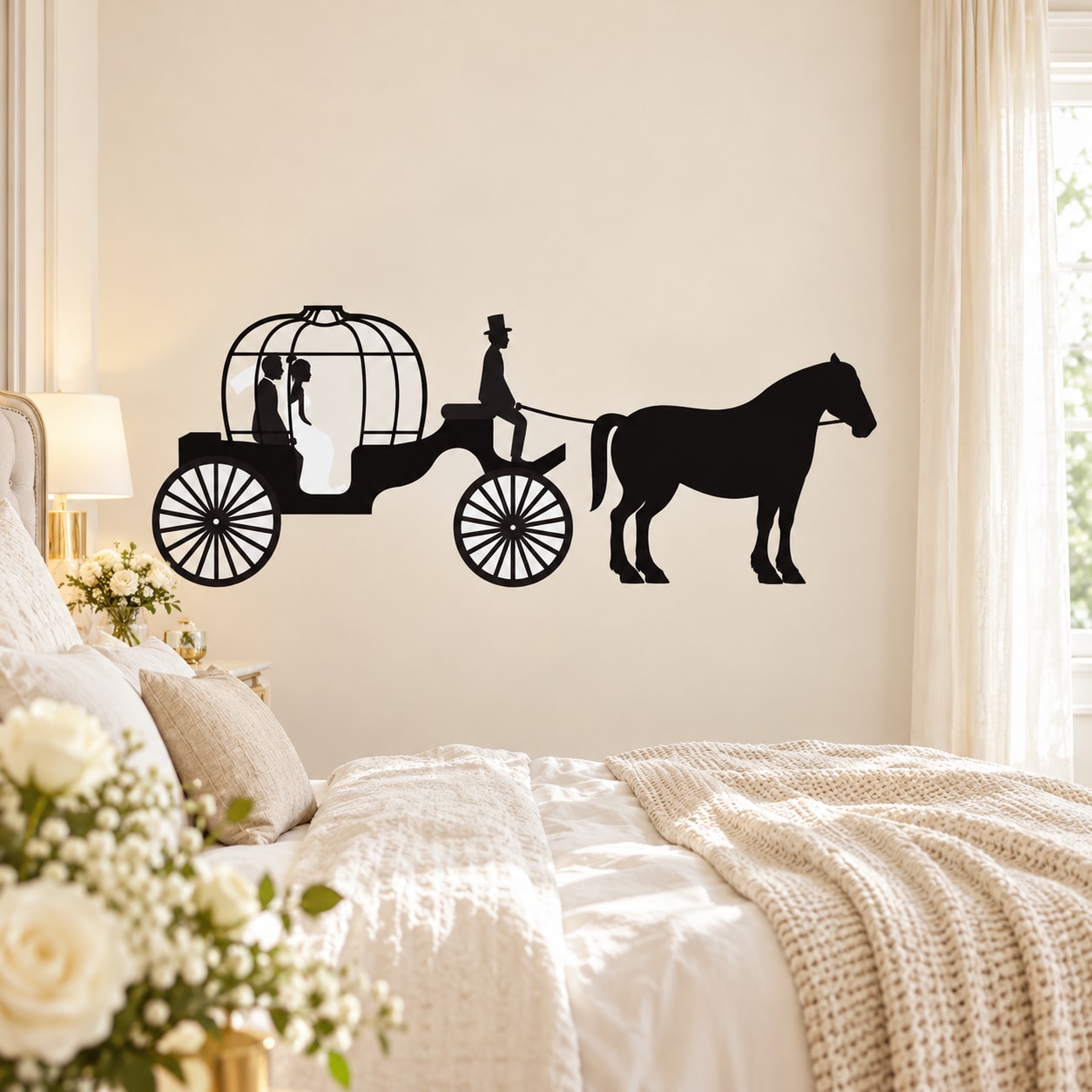 Black wedding carriage couple wall decal with horse and wheels silhouette