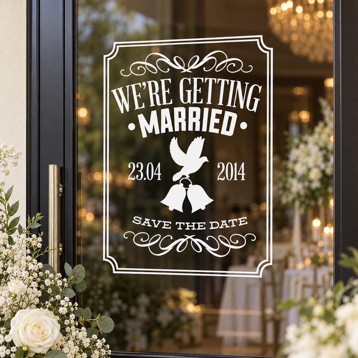Wedding vinyl wall decal: We're Getting Married, 23.04.2014, dove, Save the Date