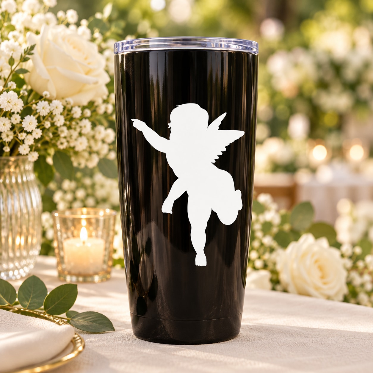 Cupid silhouette wedding decal on black tumbler cup