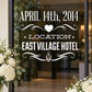 Wedding address vinyl wall decal with date, heart accents, and location text