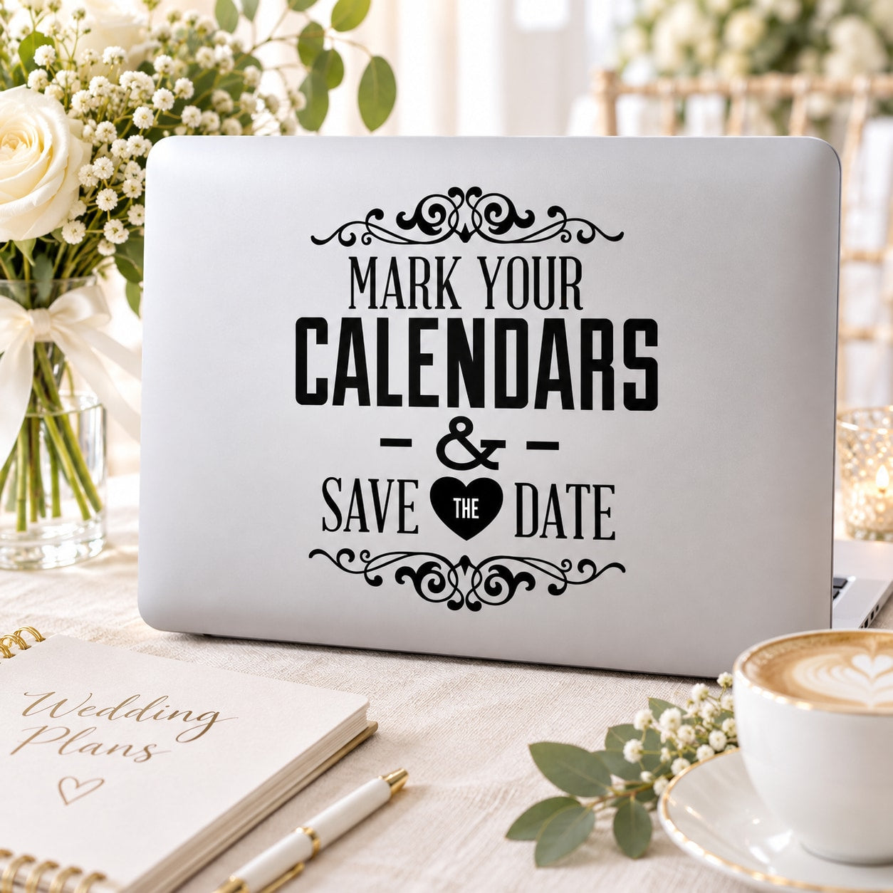 Wedding decal with black text: Mark Your Calendars & Save the Date