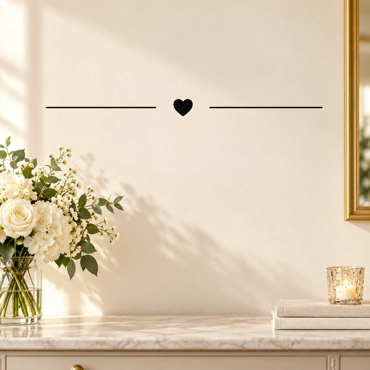 Wall decal with minimal heart and long accent border lines