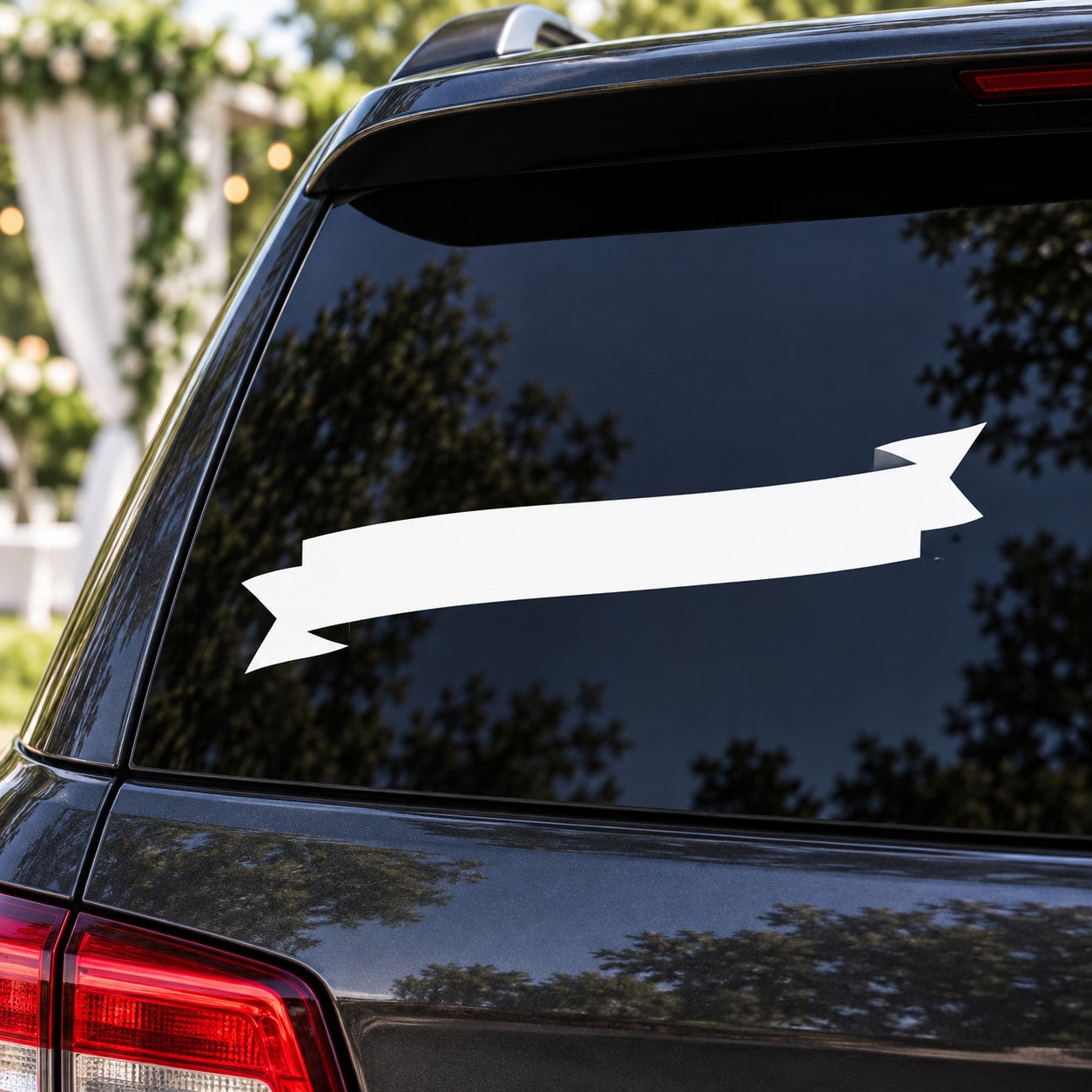Wedding banner style car window sticker with white ribbon and arrows