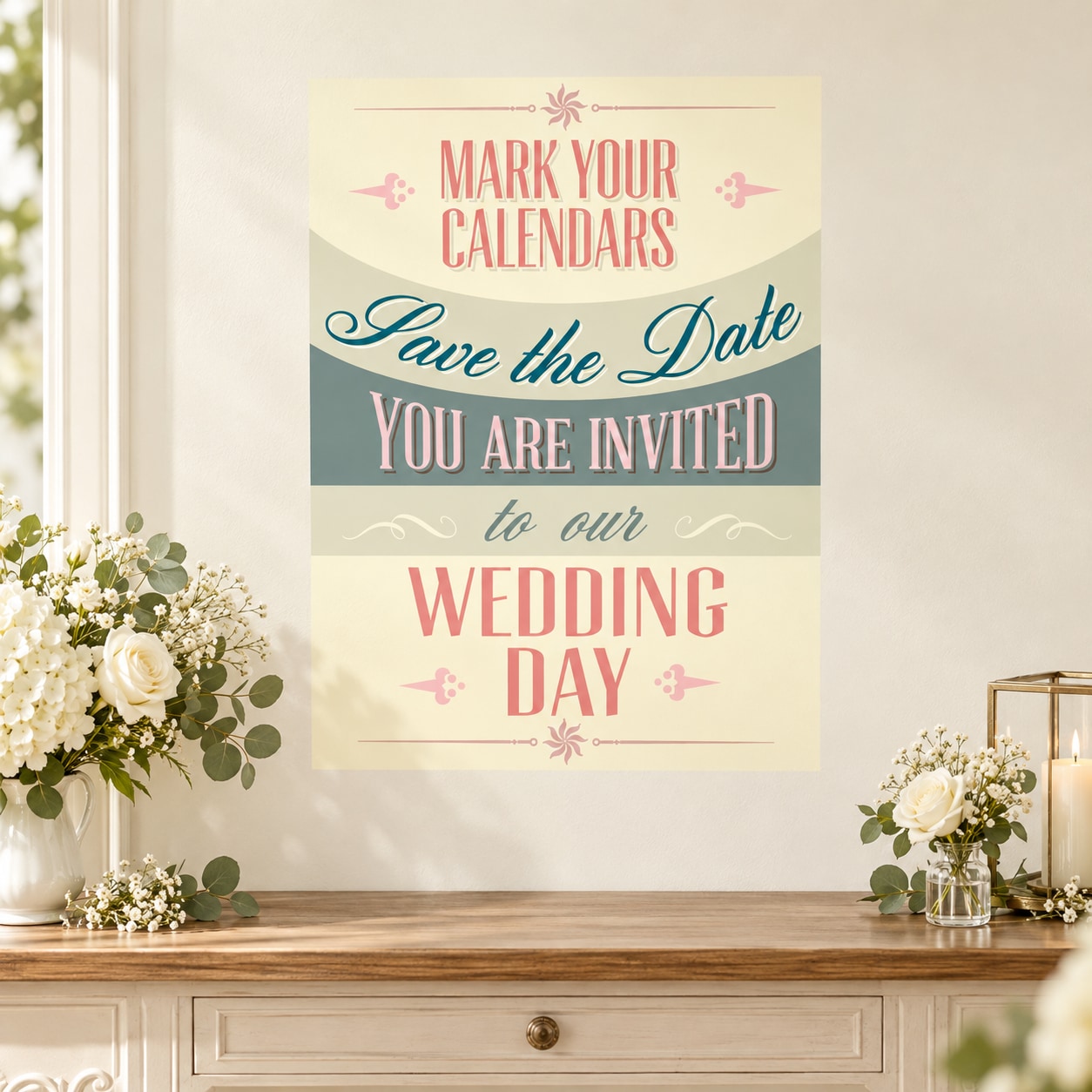 Save-the-date wedding sticker with 'Mark your calendars' and 'You are invited' text