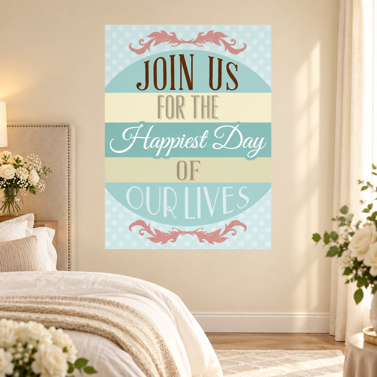 Pastel wedding sticker with text: "Join Us for the Happiest Day of Our Lives"