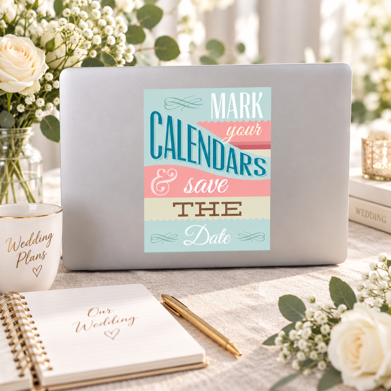Save-the-date wedding sticker with blue typography and ampersand details