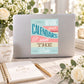 Save-the-date wedding sticker with blue typography and ampersand details