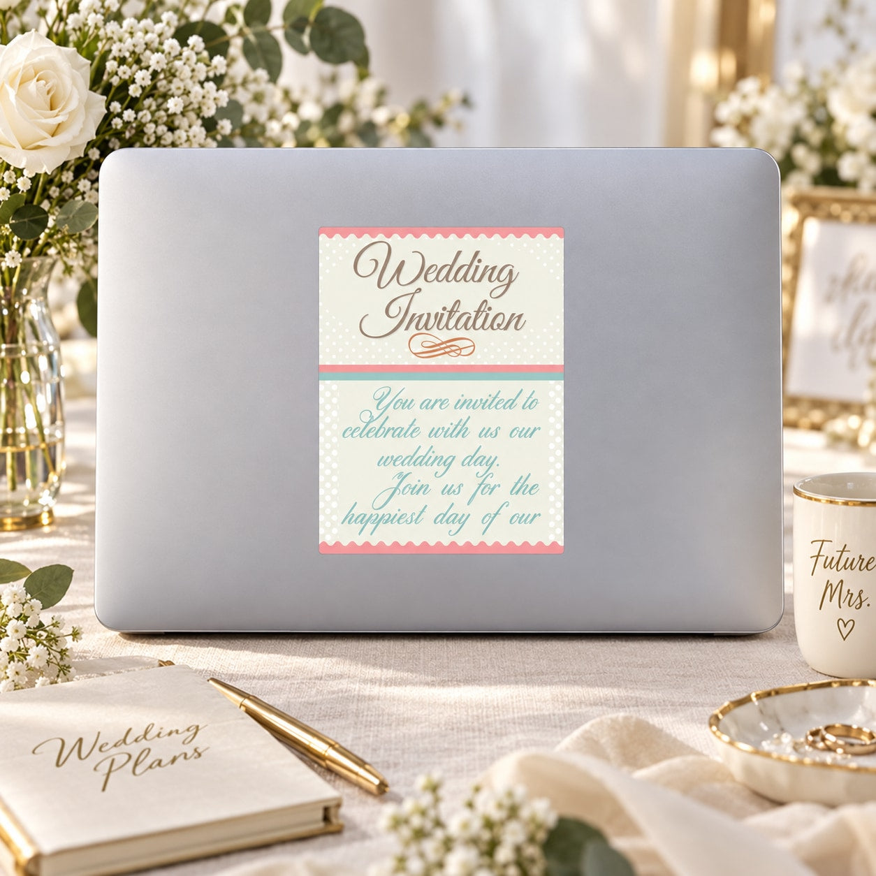 Wedding invitation card with floral border and “Wedding Invitation” script text