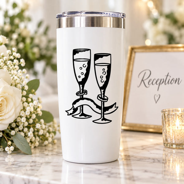 White tumbler with black decal of two champagne glasses toasting