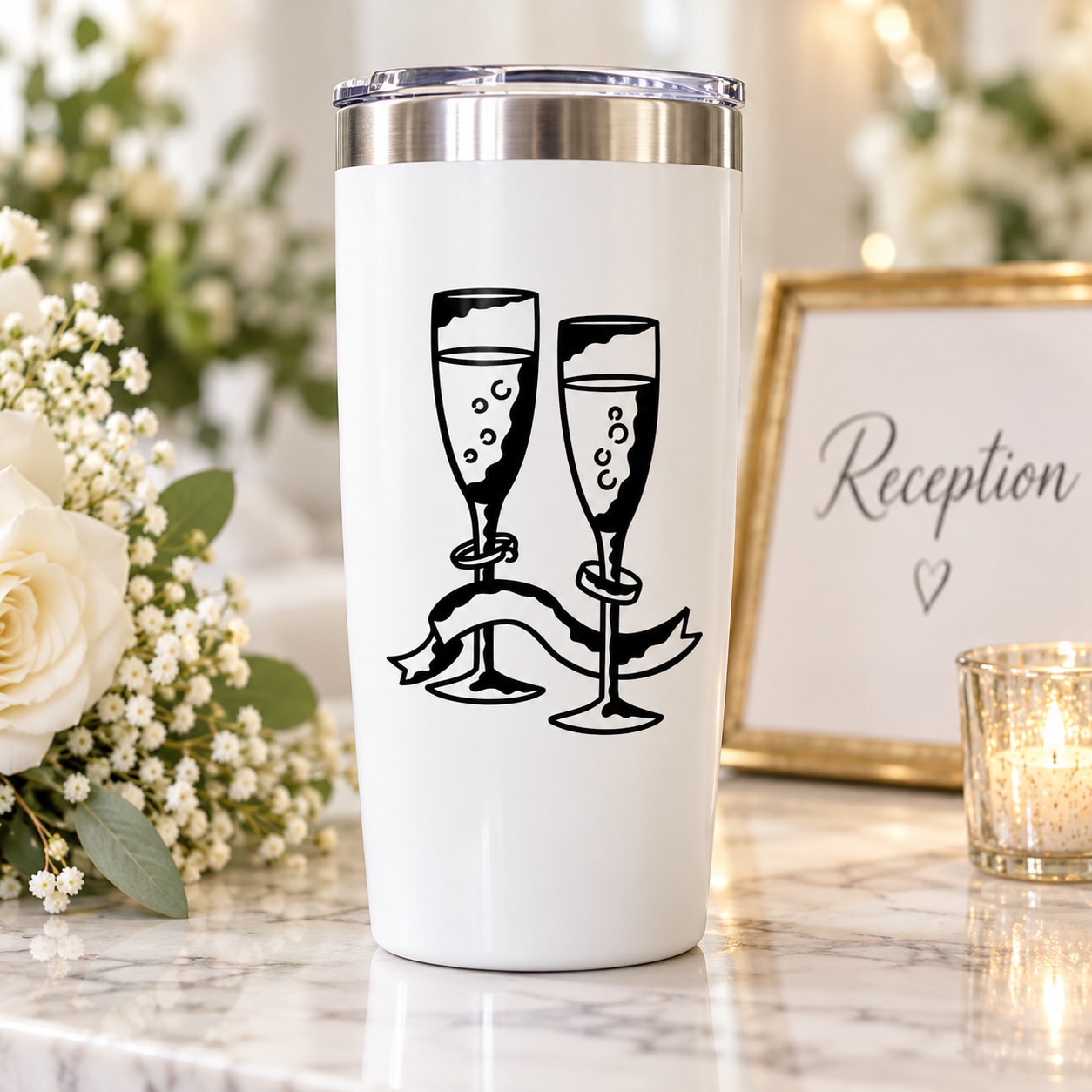 White tumbler with black decal of two champagne glasses toasting
