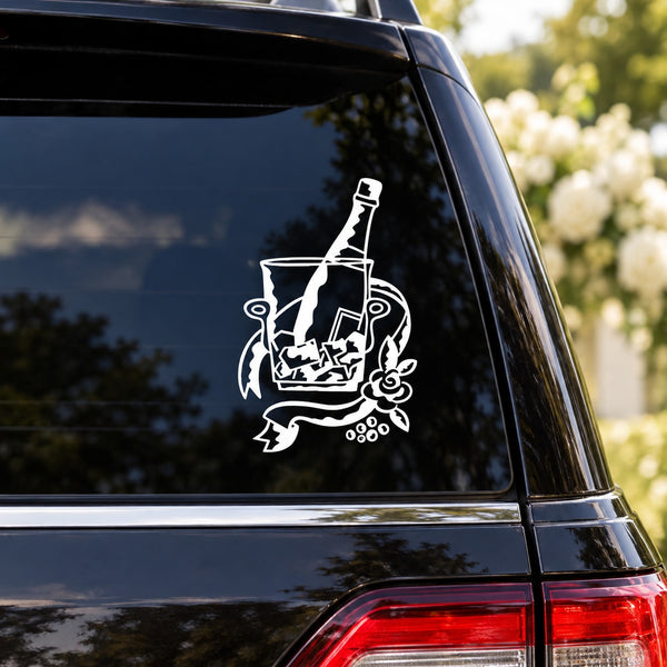 Champagne bottle wedding decal with white line-art bottle, glasses, and bubbles