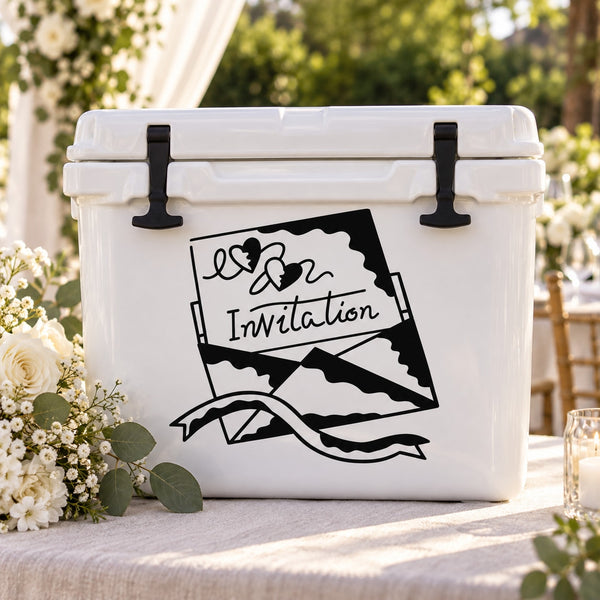 Wedding invitation envelope decal, black banner with heart bow and “Invitation” text