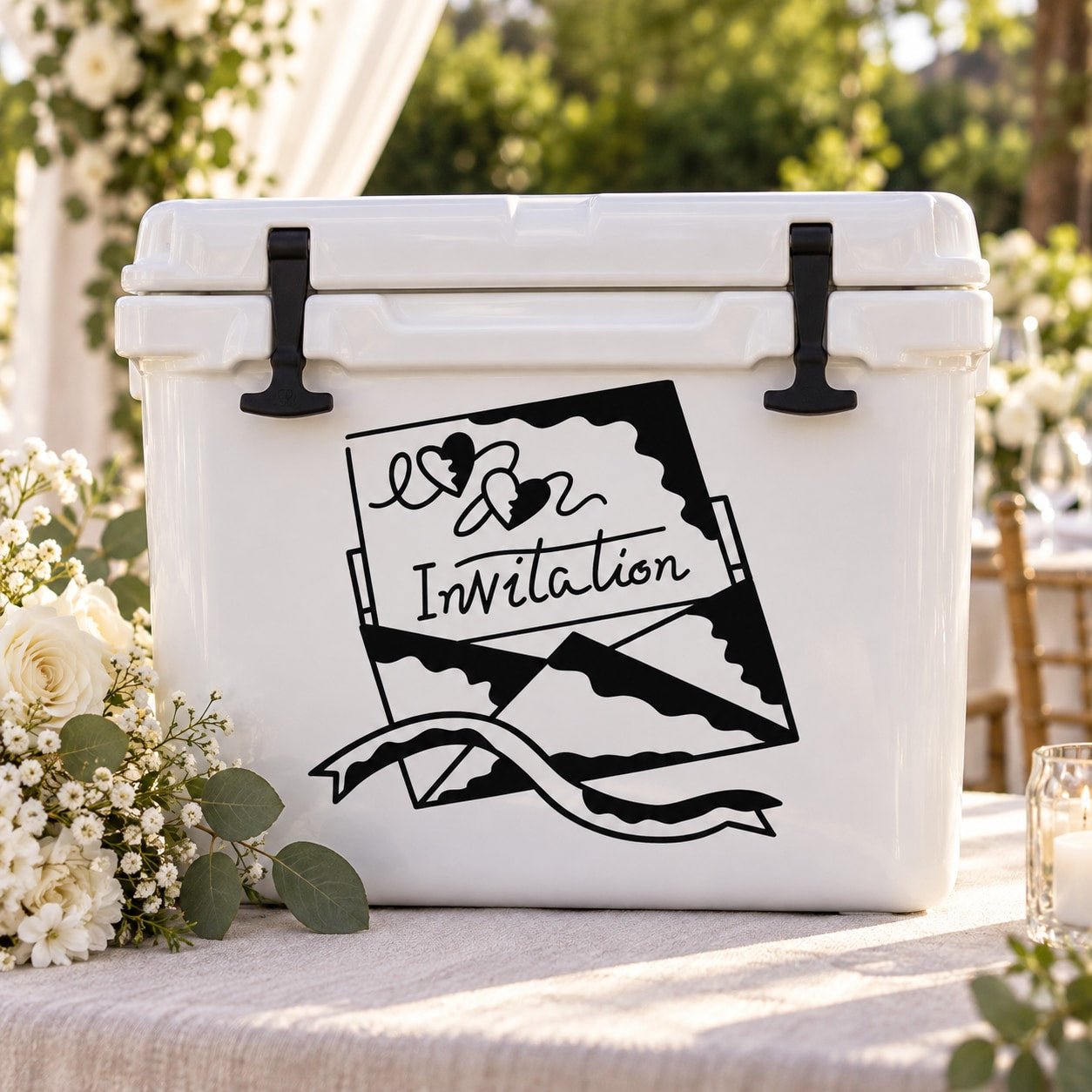 Wedding invitation envelope decal, black banner with heart bow and “Invitation” text