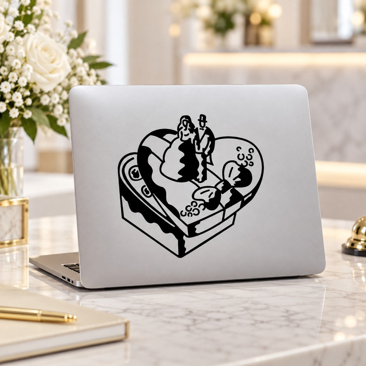 Wedding invitation box decal, black outline couple on a wedding cake heart
