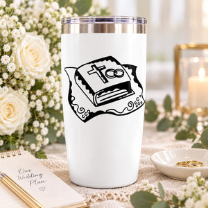 White wedding tumbler with black Bible and rings decal