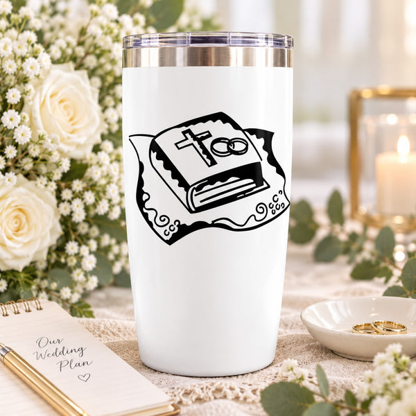 White wedding tumbler with black Bible and rings decal