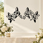 Black floral wedding wall decal with three ornate flowers and swirling vine scrollwork