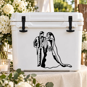 Bride and groom silhouette decal, black line art on white container