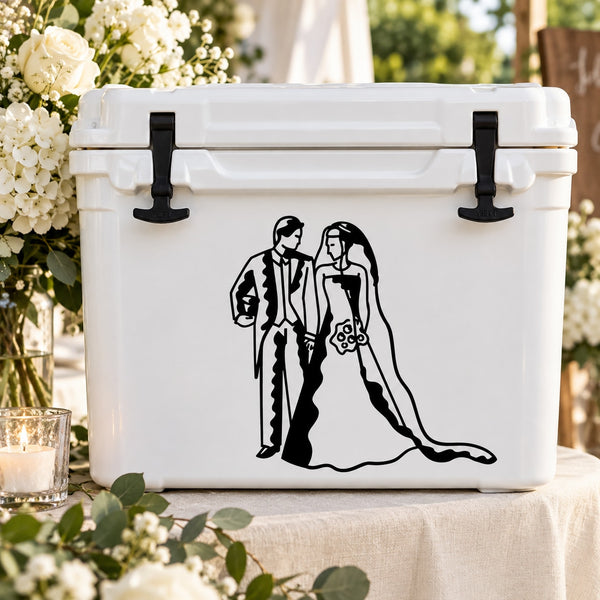 Bride and groom silhouette decal, black line art on white container