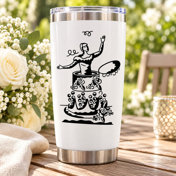 Wedding tumbler with black bride holding cake illustration decal
