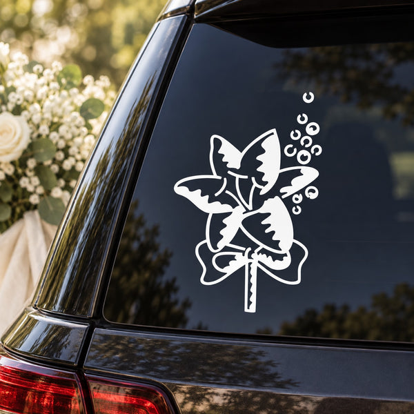 Wedding flower decal sticker with white outlined butterfly and floral sprig design