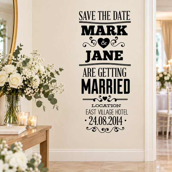 Wedding custom decal with black save-the-date text, names Mark & Jane, and 24.08.2014