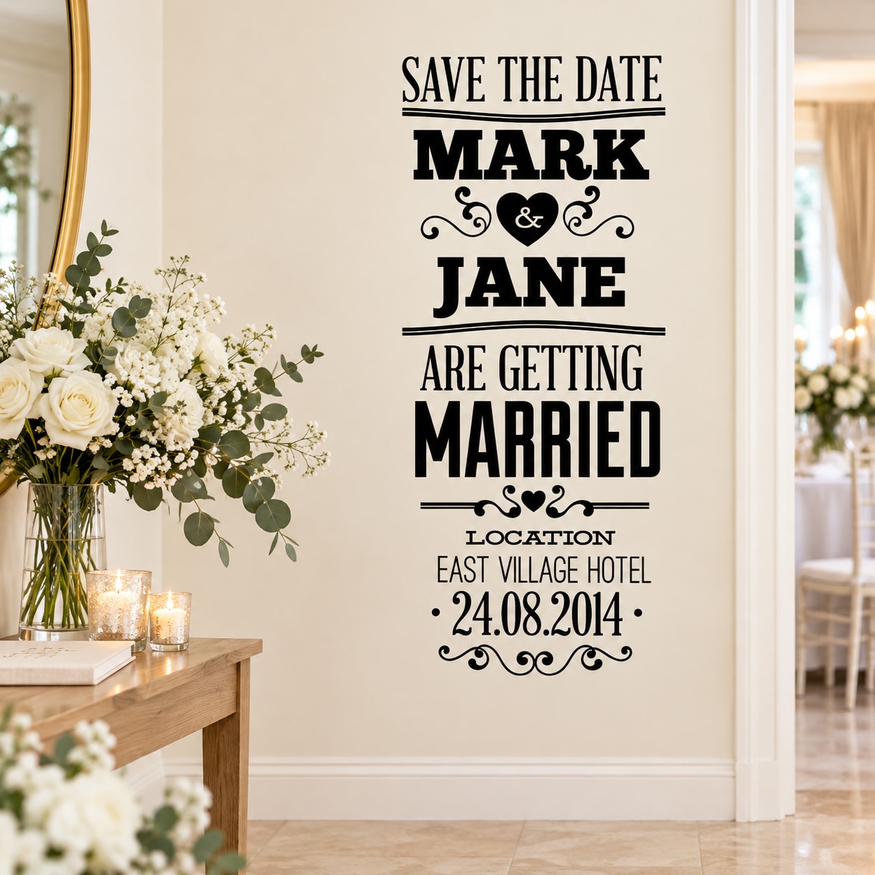 Wedding custom decal with black save-the-date text, names Mark & Jane, and 24.08.2014