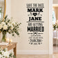 Wedding custom decal with black save-the-date text, names Mark & Jane, and 24.08.2014