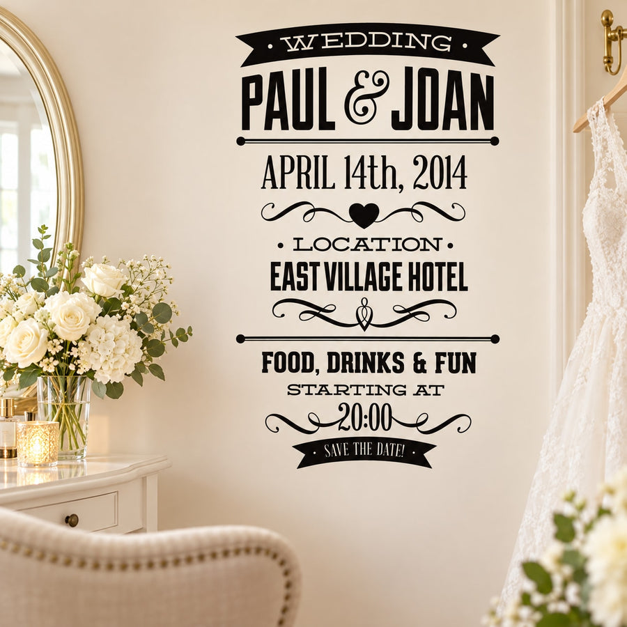 Wedding Location Quote Wall Decal - Vinyl Decal - Car Decal - Id003 - Customize Me — illustrative vinyl decal application mockup. Surrounding objects are not included.