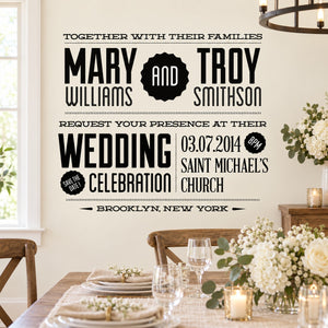Wedding custom decal with couple names and wedding date in black-and-white typography