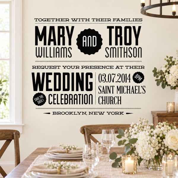 Wedding custom decal with couple names and wedding date in black-and-white typography
