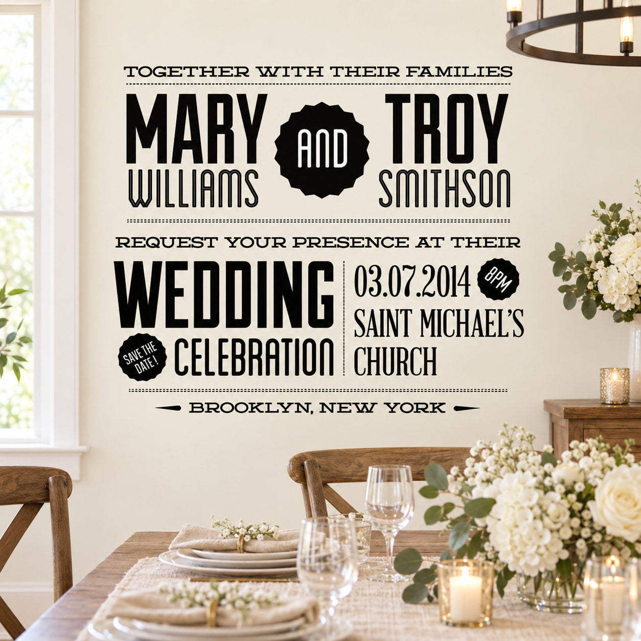 Wedding custom decal with couple names and wedding date in black-and-white typography
